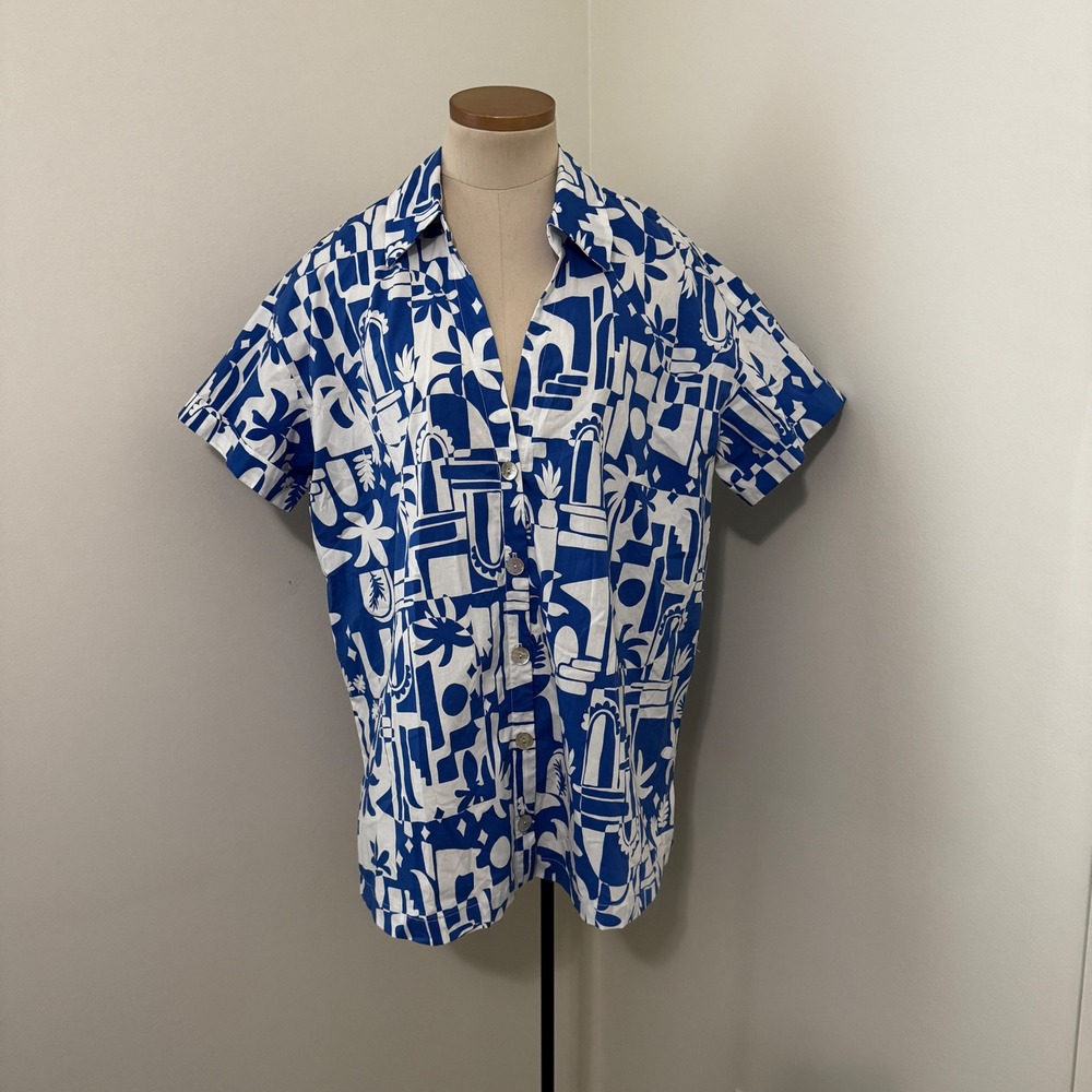 Show Me Your Mumu Medium Parker Button Down Shirt Blue White Santorini Escape